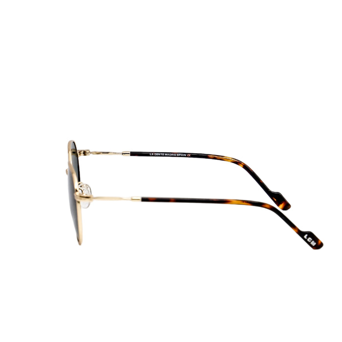 Gold-framed eyeglasses with tortoiseshell accents on a white background