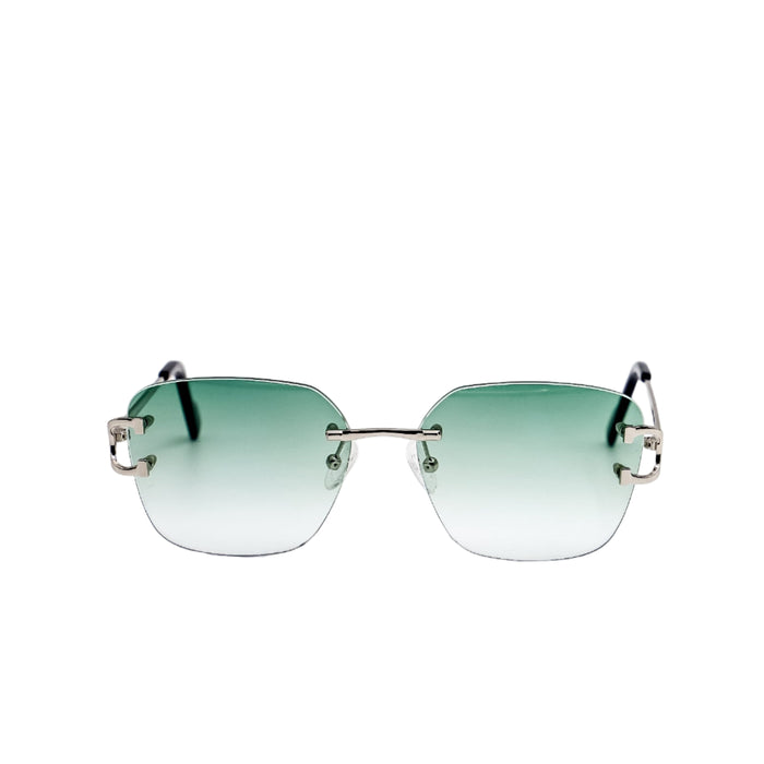 Sunglasses with green gradient lenses on a white background