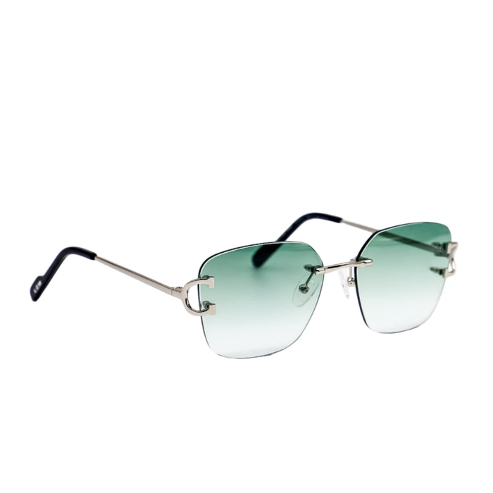 Sunglasses with green gradient lenses on a white background