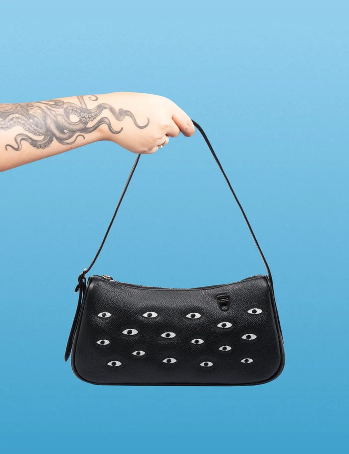 Lucas Hobo Mini Black Handbag - All Over Eyes Embroidery