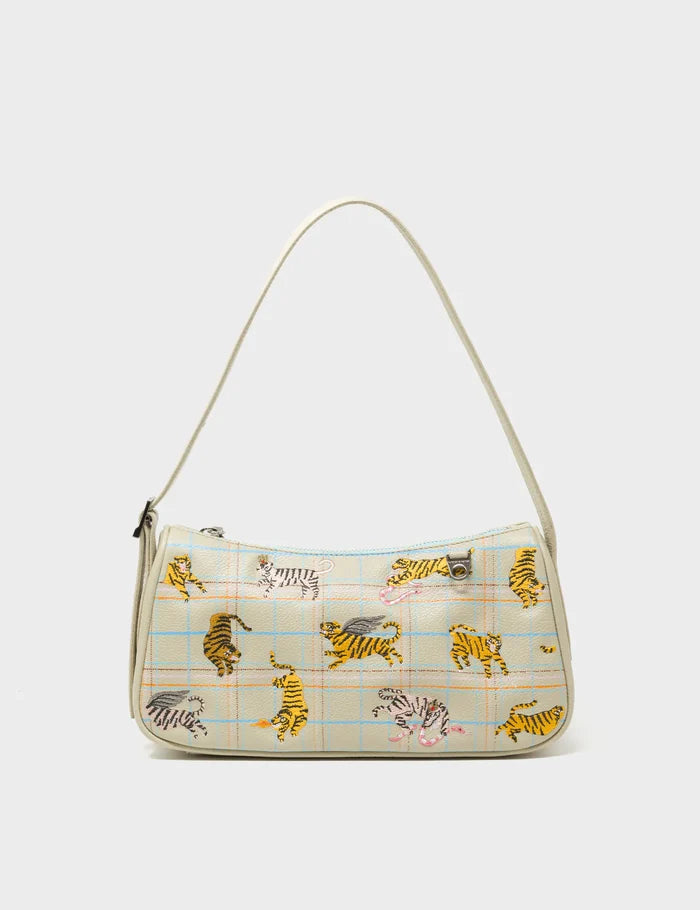 Lucas Hobo Mini Gravel Beige Handbag - Retro Tiger Embroidery - Front View