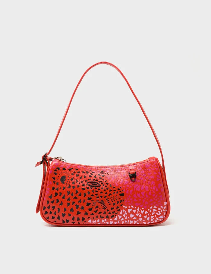 Lucas Hobo Mini Poppy Red Handbag - Retro Tiger Embroidery - Front View