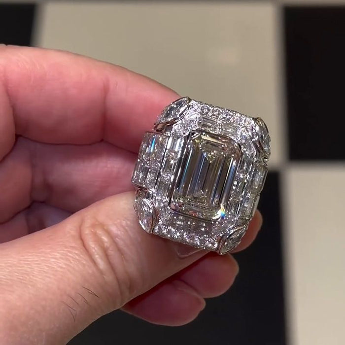 Luxury Halo Emerald Cut Handmade Men's Ring in Sterling Silver