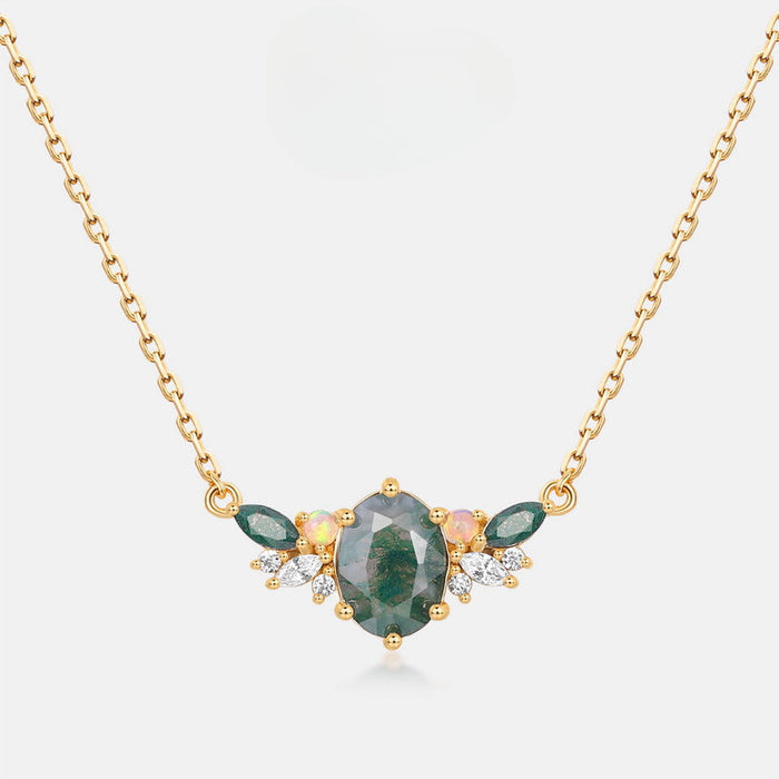 Luxury Natural Green Moss Agate Silver Neckalce