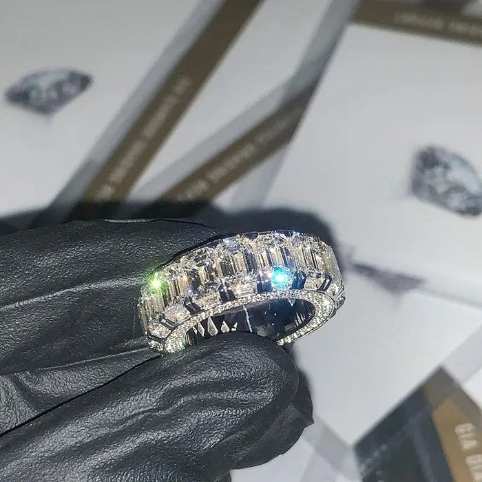 Men's 1ct Each Emerald Cut White Sapphire Eternity Paved Handmade Engagement Ring