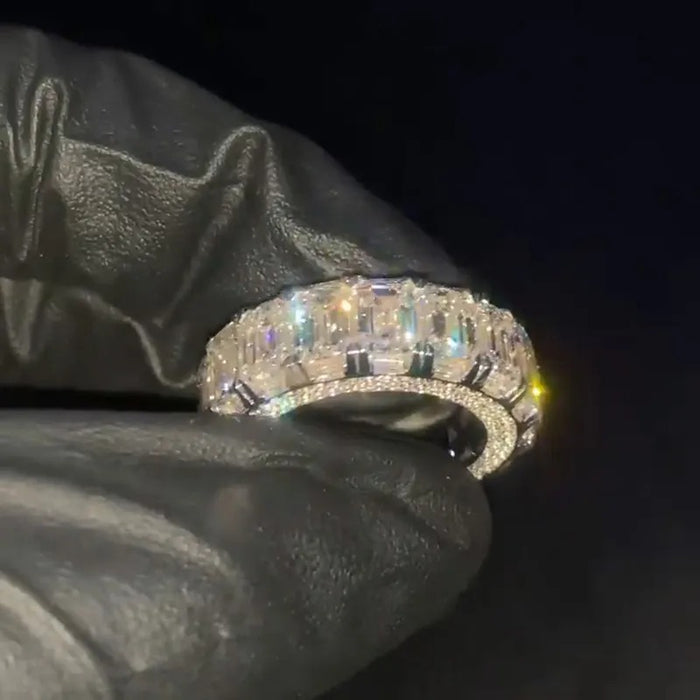 Men's 1ct Each Emerald Cut White Sapphire Eternity Paved Handmade Engagement Ring