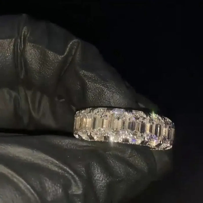 Men's 1ct Each Emerald Cut White Sapphire Eternity Paved Handmade Engagement Ring