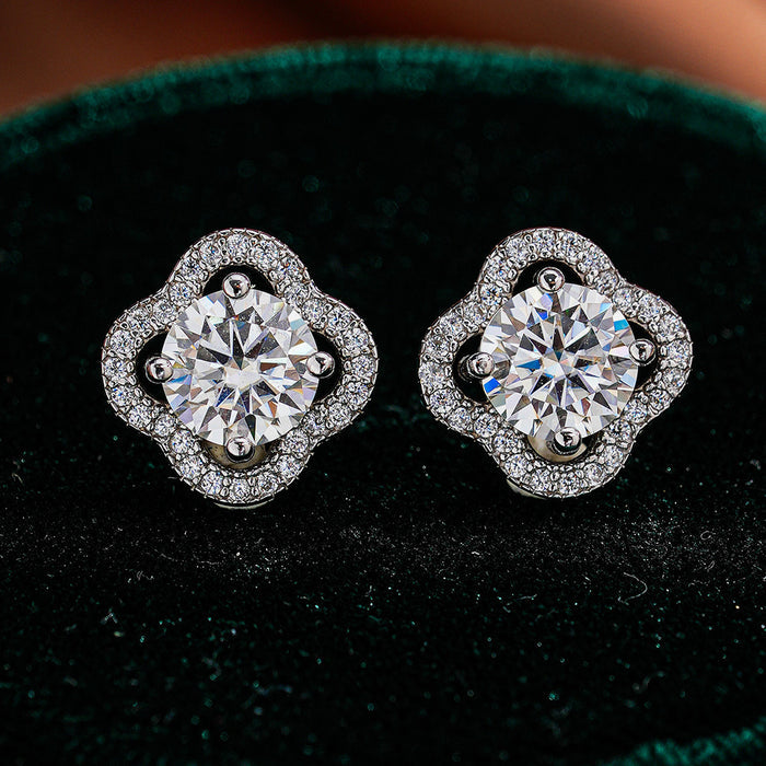 Moissanite Clover Halo Stud Earrings in 925 Sterling Silver