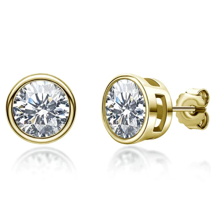 Moissanite  Round Cut Bezel Stud Earrings In Sterling Silver
