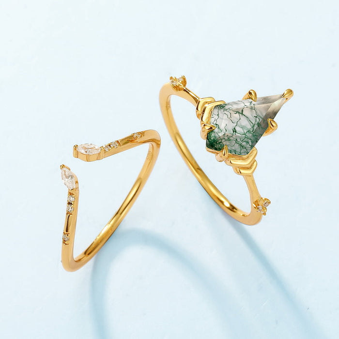 Natural Green Moss Sterling Silver Ring Set