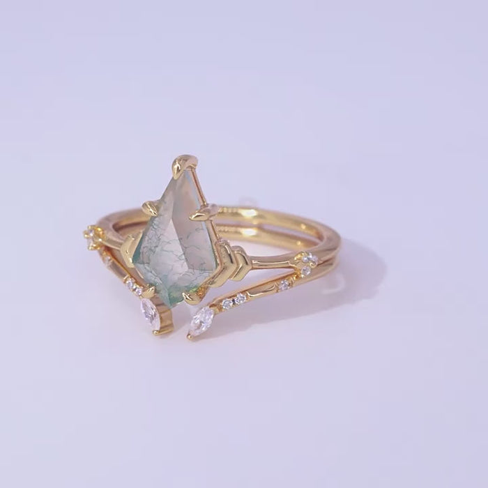 Natural Green Moss Sterling Silver Ring Set