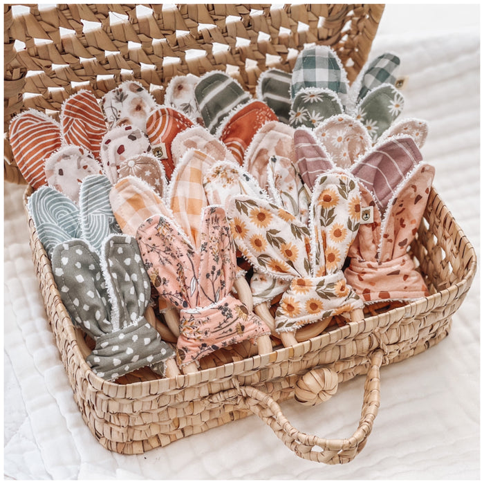 Natural wood & Bunny Ear Teething Ring - Pastel Pink Leopard