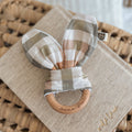 Natural wood & Bunny Ear Teething Ring - Picnic Gingham