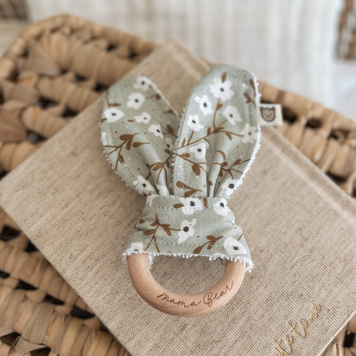Natural wood & Bunny Ear Teething Ring - Sage Blossoms