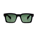 Black sunglasses with green lenses on a white background