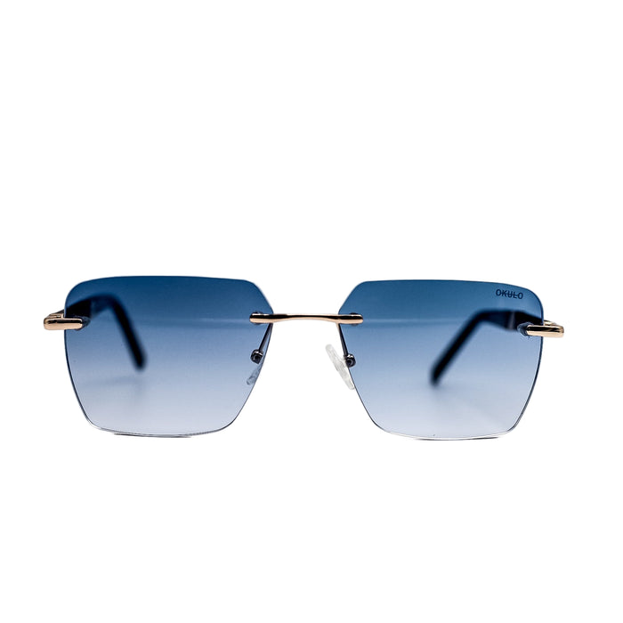 Sunglasses with blue gradient lenses on a light gray background