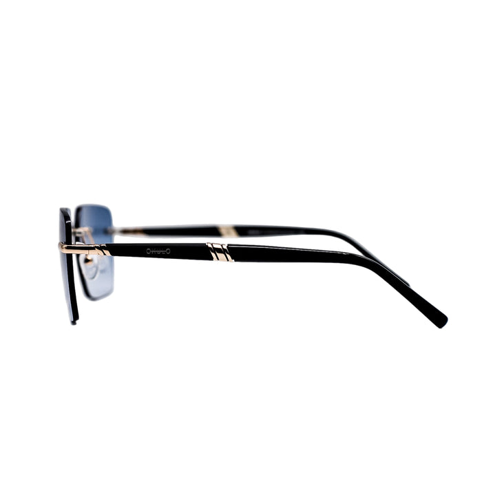 Sunglasses with black frame and blue lenses on a light gray background