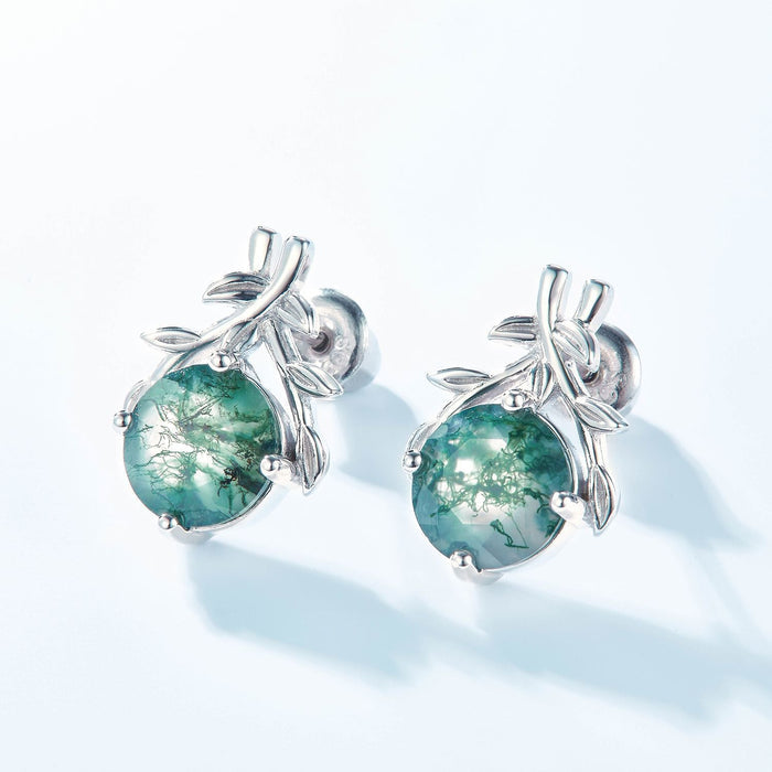 Olive Branch Green Moss Agate Stud Earrings