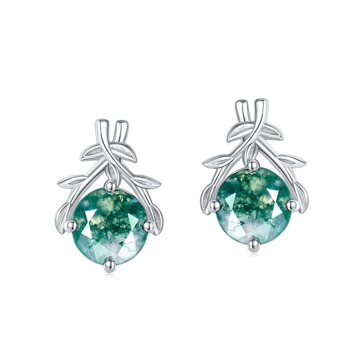 Olive Branch Green Moss Agate Stud Earrings