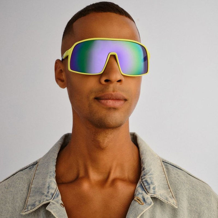 Outfield Shield, Neon Green and Cobalt Blue/Rainbow Mirror Polarised Lenses