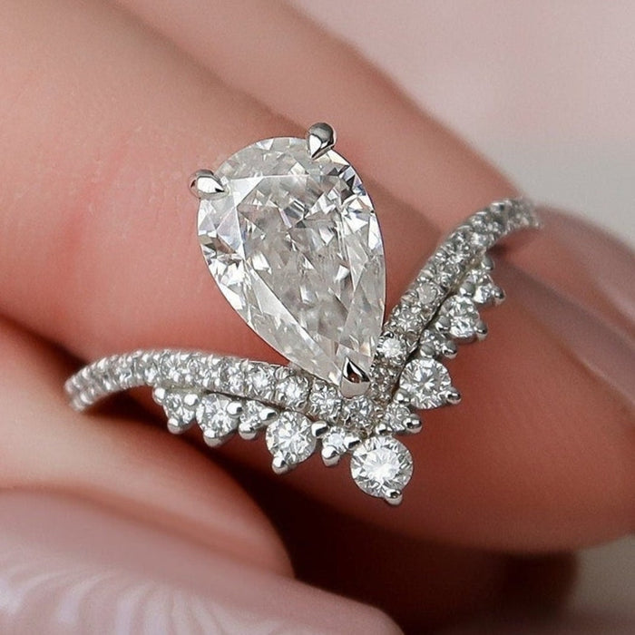 Pear Cut Teardrop Chevron Moissanite Ring Engagement Ring in Sterling Silver
