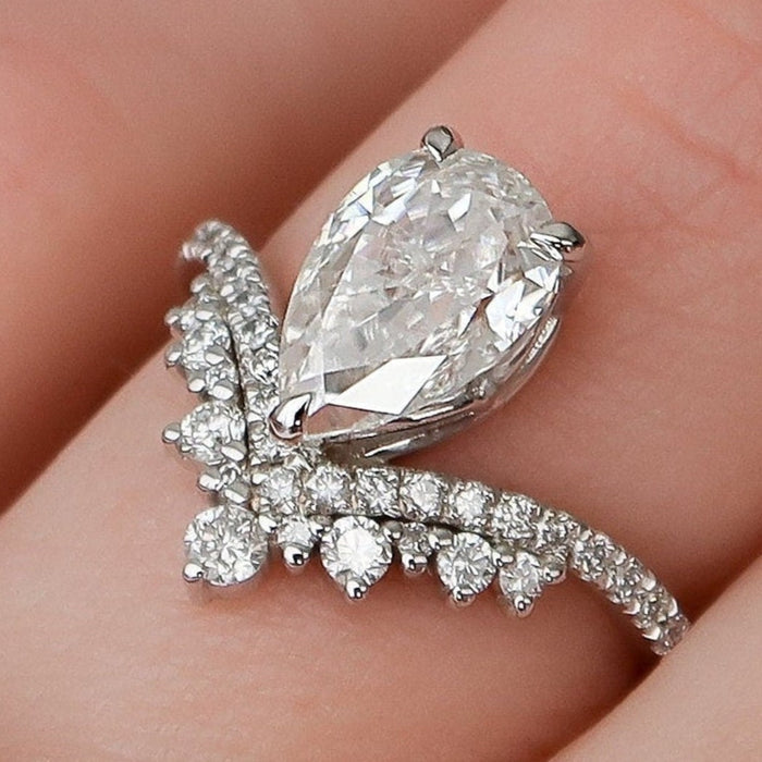 Pear Cut Teardrop Chevron Moissanite Ring Engagement Ring in Sterling Silver