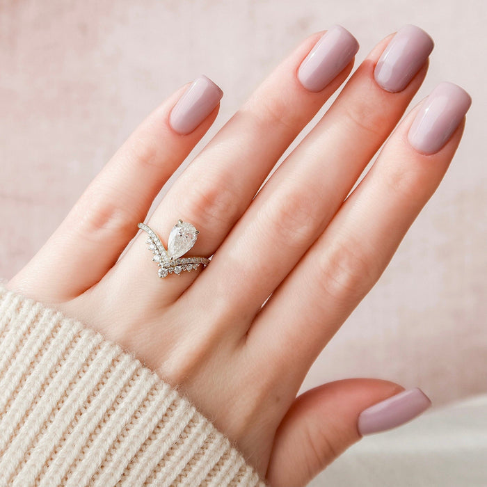 Pear Cut Teardrop Chevron Moissanite Ring Engagement Ring in Sterling Silver