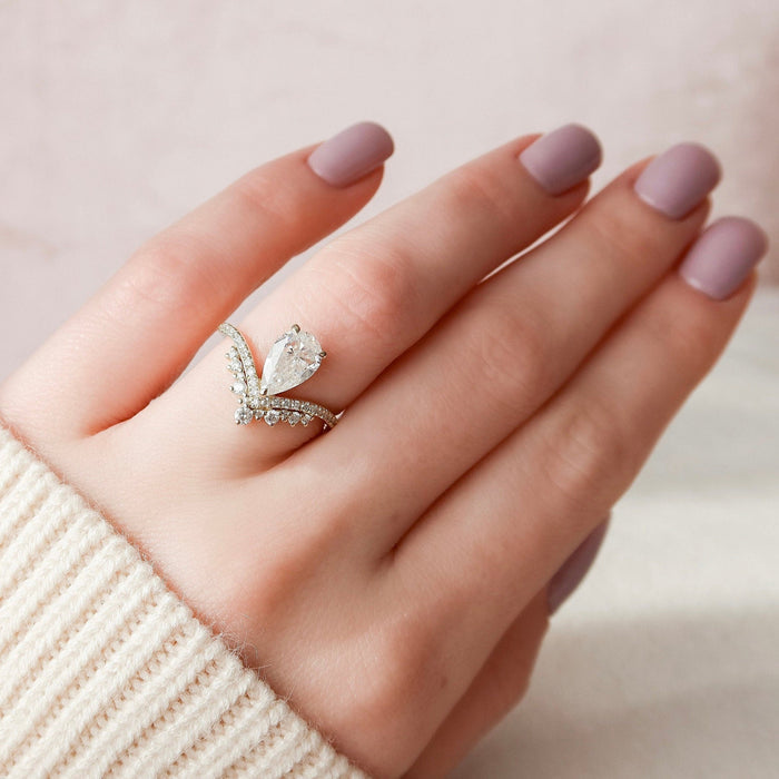 Pear Cut Teardrop Chevron Moissanite Ring Engagement Ring in Sterling Silver