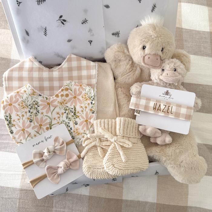 Baby gift set with a soft duck comforter, soft baby duck rattle ,light honey toned booties, a beige gingham bib and a floral pastel pink and green bib and two matching hairbows. There is also a personalised dummy clip in beige gingham with the name hazel.