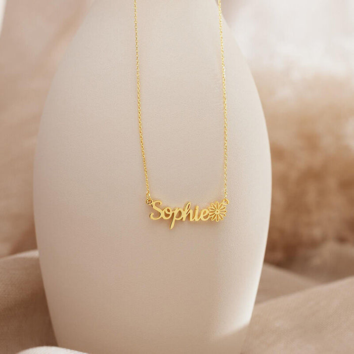 Personalize Name Necklace with Birth Flower in Stainless Steel