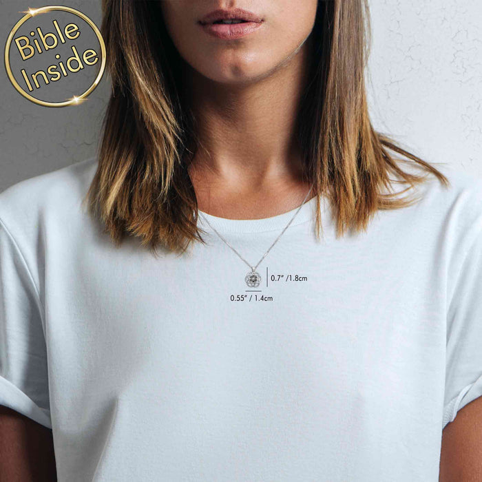 Silver pocket Bible necklace featuring elegant Harmony design for women