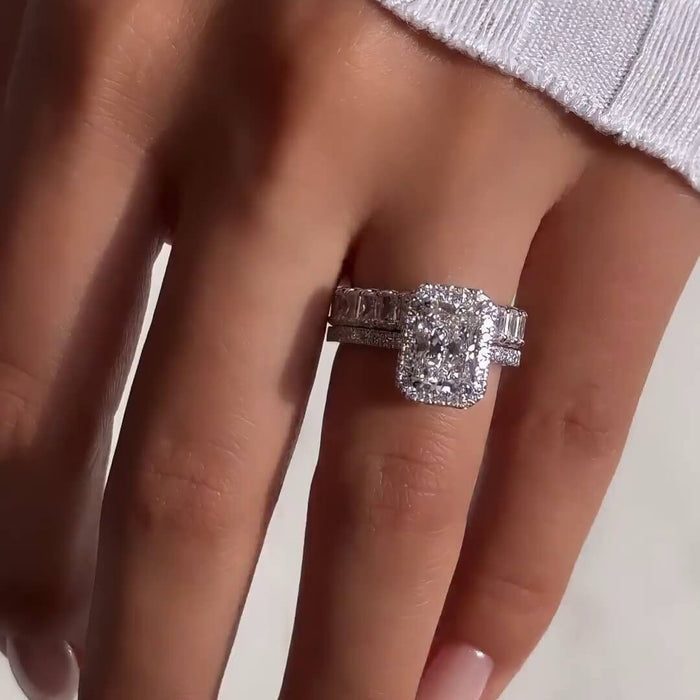 Radiant Cut Halo Engagement Ring & Eternity Wedding Band