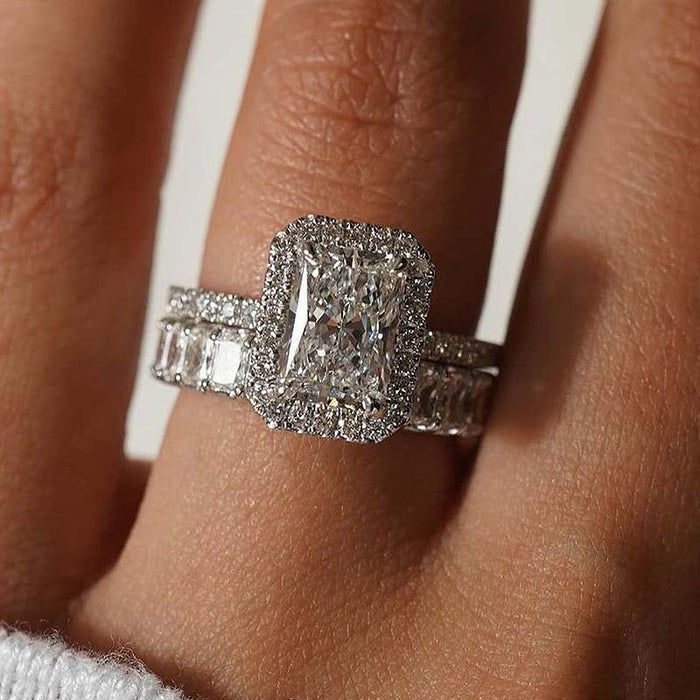 Radiant Cut Halo Engagement Ring & Eternity Wedding Band