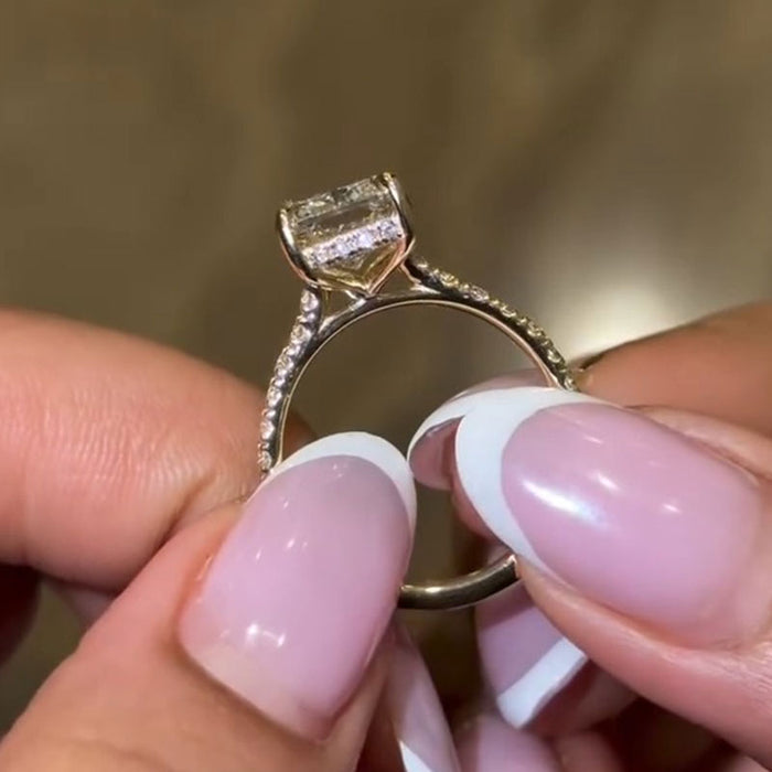 Radiant Cut Hidden Halo Engagement Ring With Half Paved Band