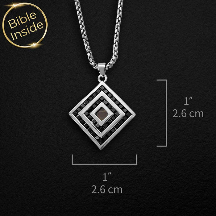 Silver religious necklace featuring micro Bible chip inside