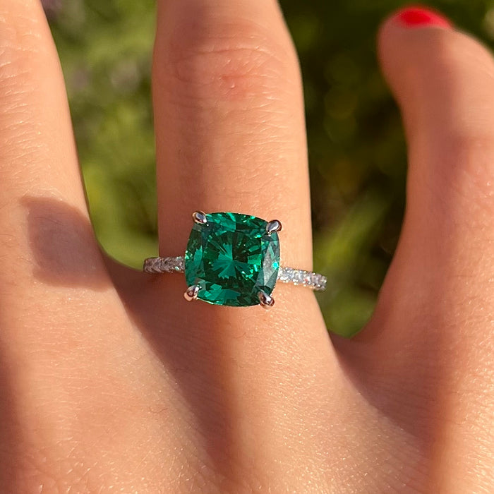 Retro Green Cushion Cut Hidden Halo Sterling Silver Engagement Ring