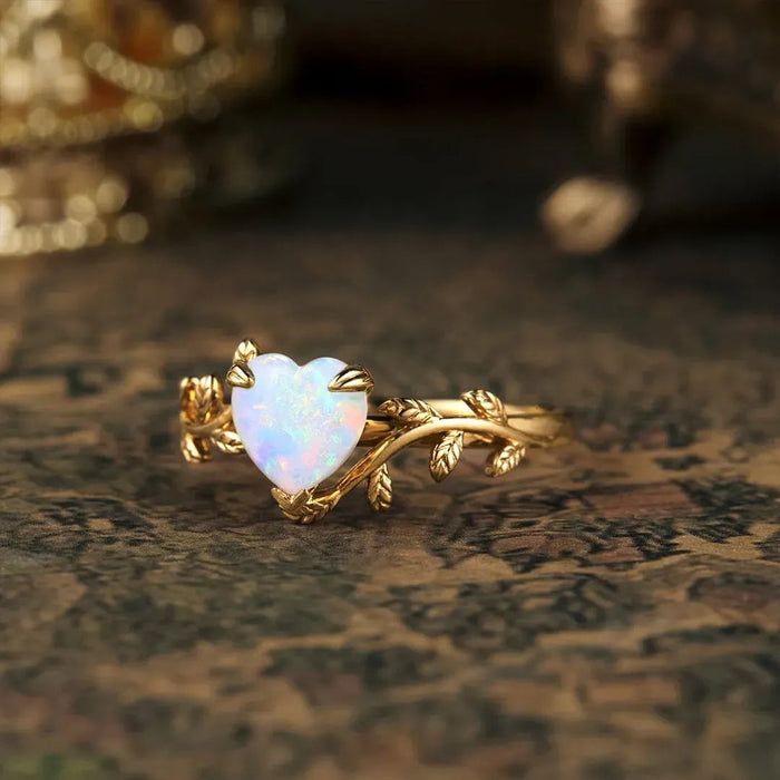Retro Leaves Design Heart Shape Opal Ring