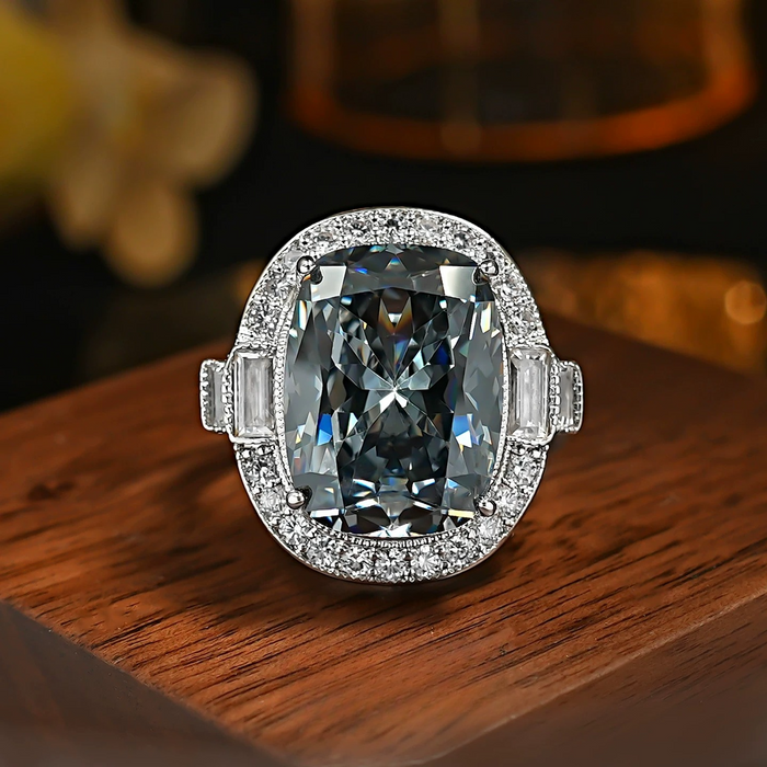 Retro Radiant Cut Colorful Gemstone Engagement Ring with Double Halo & Baguette Accents