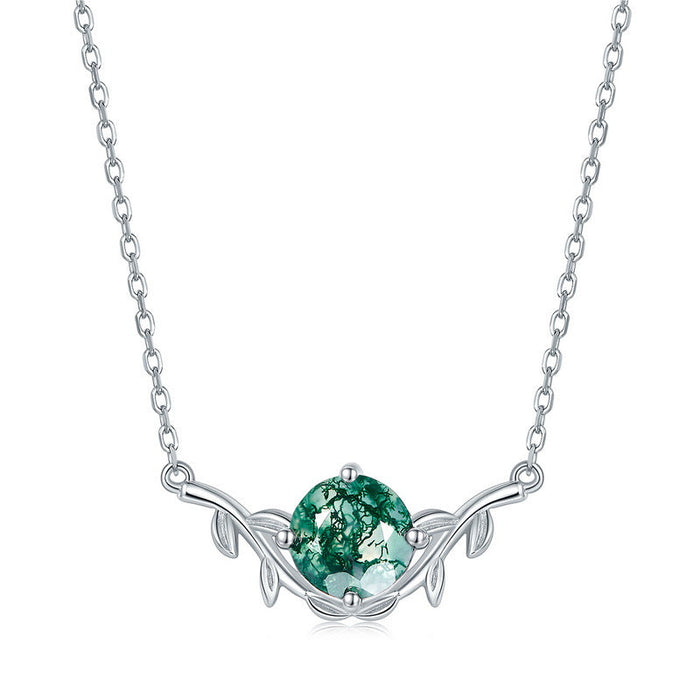 Round Shape Leaves Design Green Moss Agate Necklace