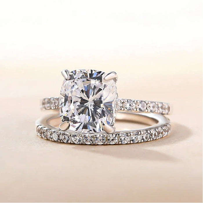 Sale | 2Pcs Solitaire  Cushion Cut Bridal Set Rings In Sterling Silver