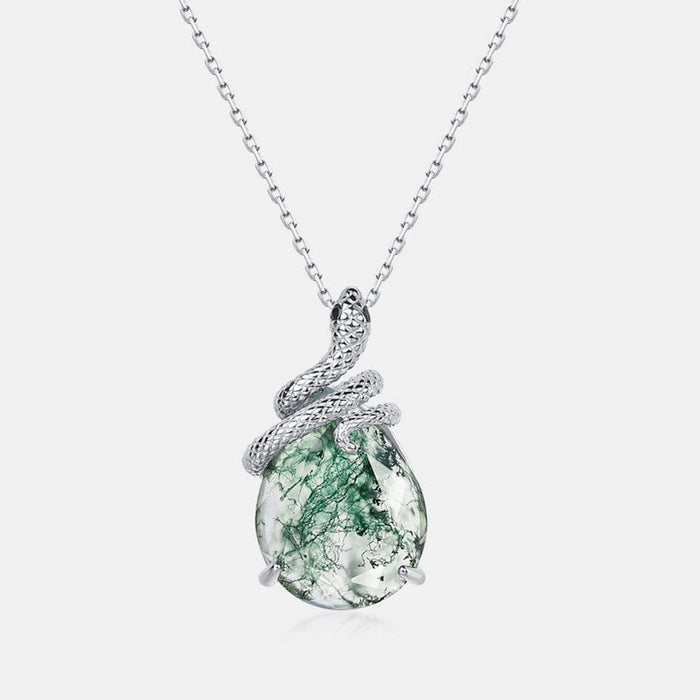Snake Coiled Natural Green Moss Agate Pendant Necklace