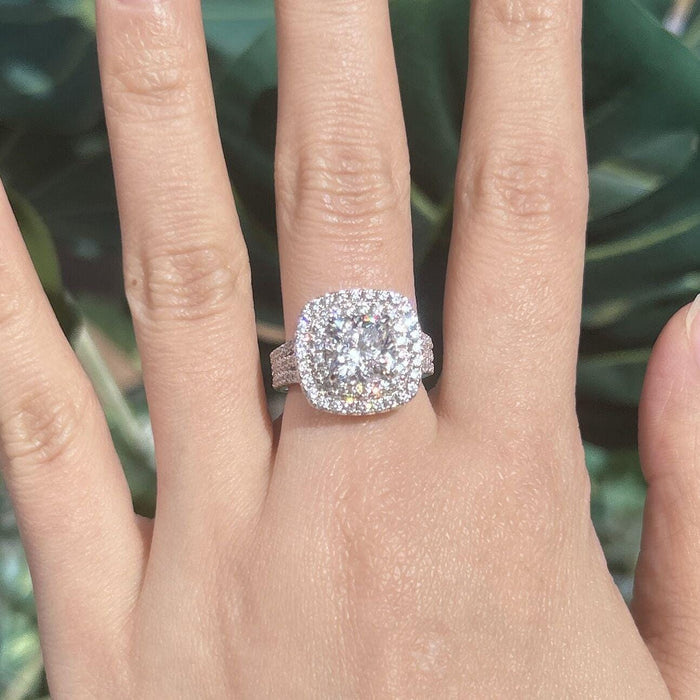 Stunning Double Halo Three Shank Cushion Cut Sterling Silver Engagement Ring