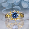 Sunflower Design Round Cut Aquamarine Sterling Silver Engagement Ring
