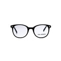 Black eyeglasses with 'TAN DESIGN' on a light gray background