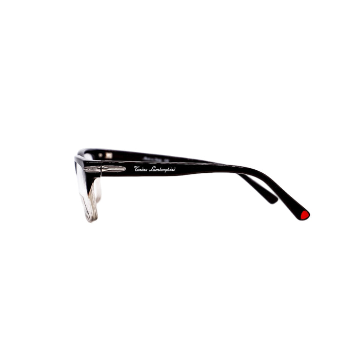 Black eyeglasses with red accents on a white background