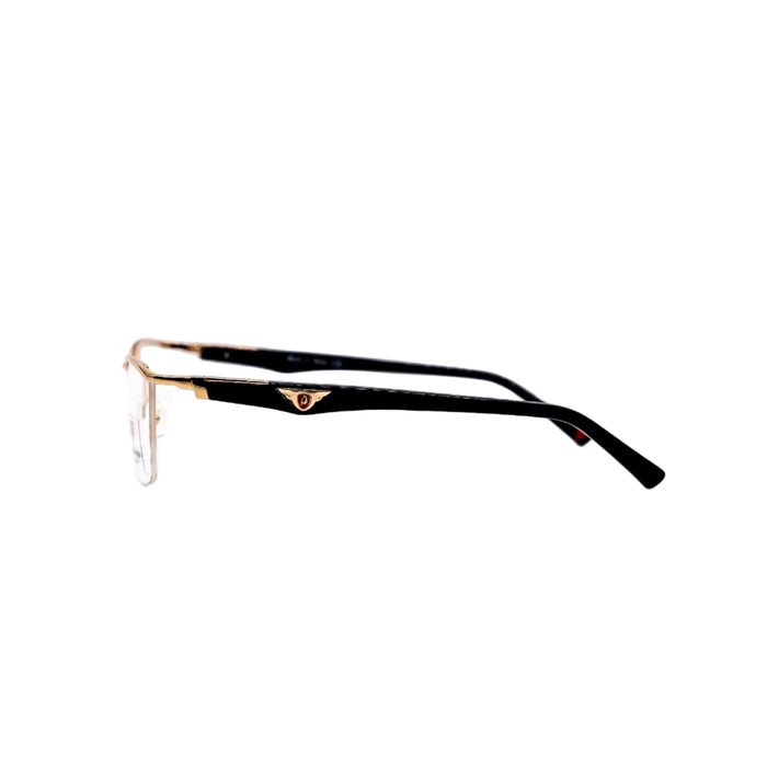 Black and gold eyeglasses on a white background