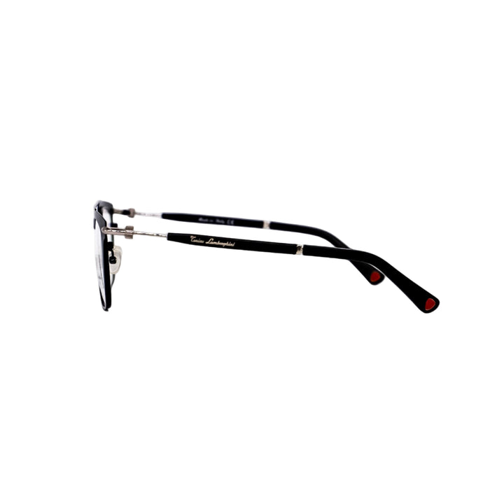 Black eyeglasses with red accents on a white background