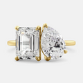 Two Stone Pear Cut & Emerald Cut Ring in Rose Gold/Golden Tone