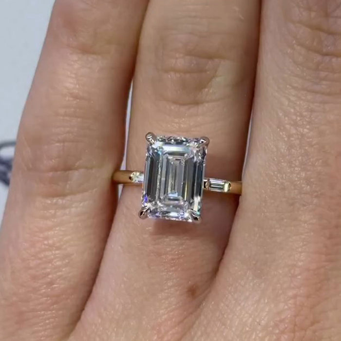 Two Tone Emerald Cut Sterling Silver Engagement Ring
