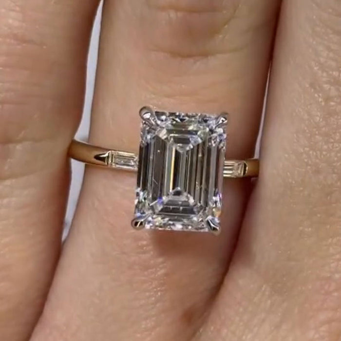 Two Tone Emerald Cut Sterling Silver Engagement Ring